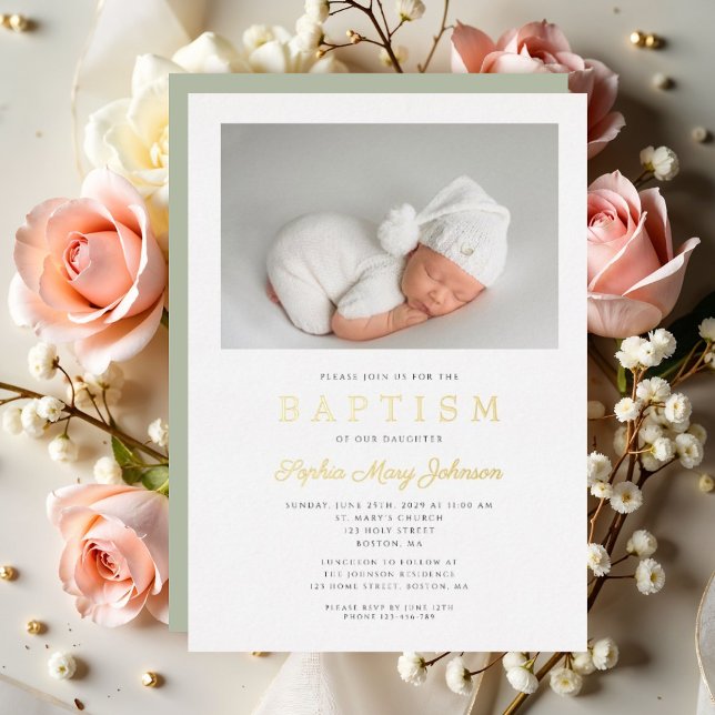 Elegant Sage Green Phot Baptism Gold Foil Invitation (Elegant Sage Green Phot Baptism Gold Foil Invitation)