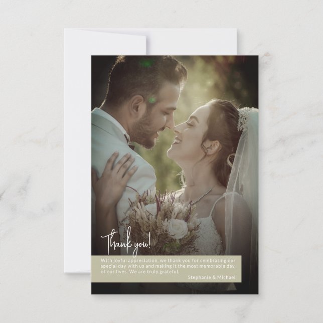 Elegant Sage Green Photo Banner Wedding Thank You Card (Front)