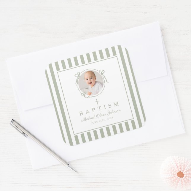 Elegant Sage Green Photo Baptism Square Sticker (Envelope)