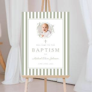Elegant Sage Green Photo Boy Baptism Welcome Foam Board