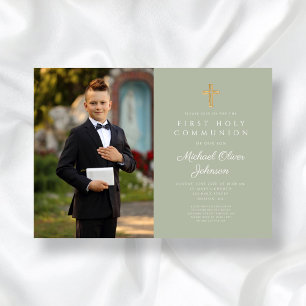 Elegant Sage Green Photo Boy First Communion Invitation