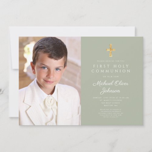 Elegant Sage Green Photo Boy First Communion Invitation