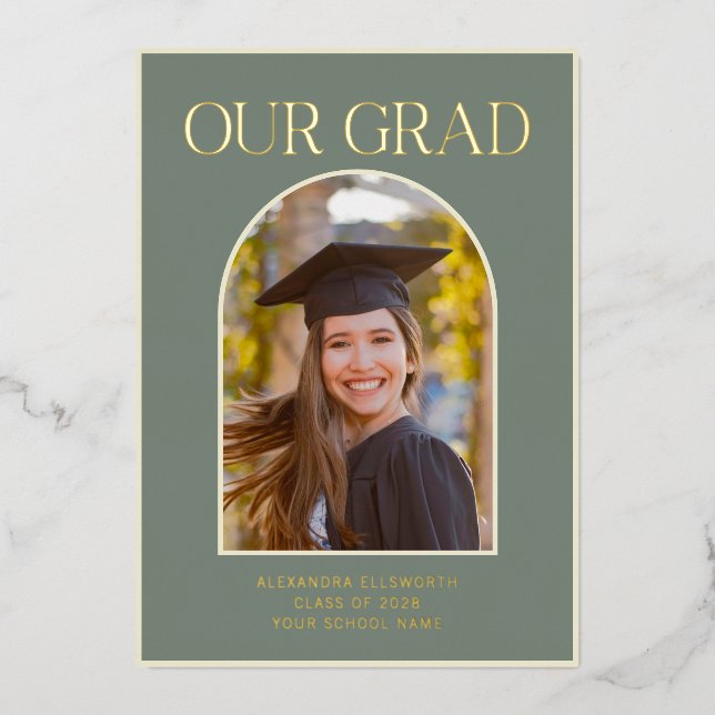 Elegant Sage Green Photo Graduation Party Gold Foil Invitation (Front)