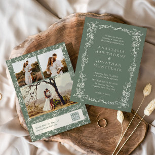 Elegant Sage Green Photo QR Code Vintage Wedding Invitation