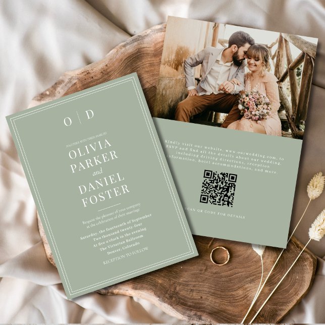 Elegant Sage Green Photo QR Code Wedding Invitation (Creator Uploaded)