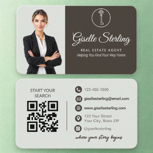 Elegant Sage Green Photo Real Estate Agent QR Code Business Card