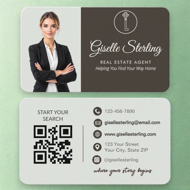 Elegant Sage Green Photo Real Estate Agent QR Code Business Card (Creator Uploaded)