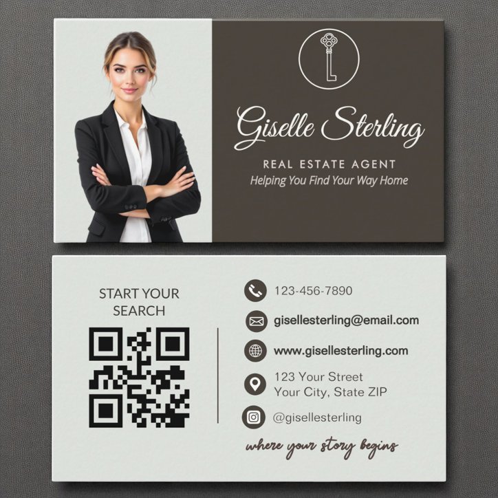 Elegant Sage Green Photo Real Estate Agent QR Code Business Card