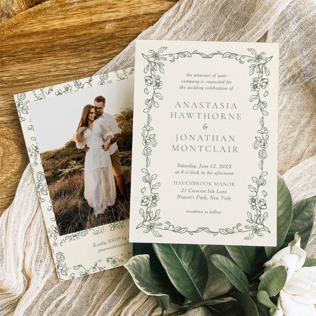 Elegant Sage Green Photo Victorian Vintage Wedding Invitation (Creator Uploaded)