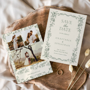 Elegant Sage Green Photo Vintage Wedding Save The Date