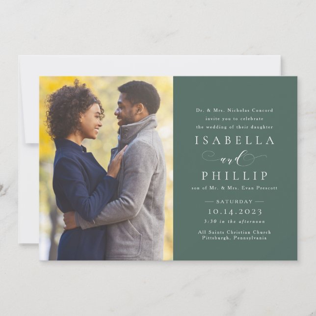 Elegant sage green photo wedding invitation (Front)