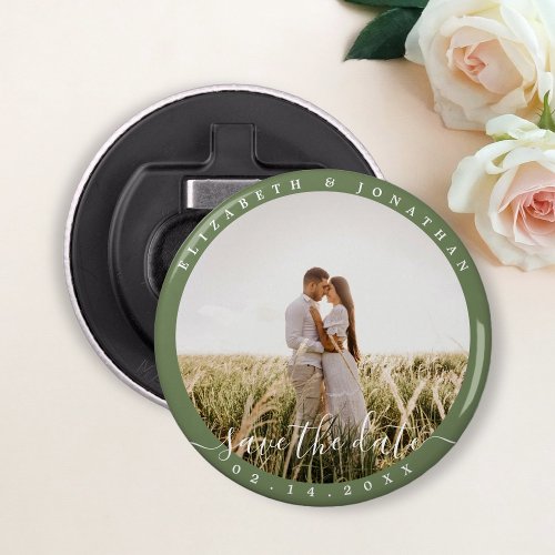 Elegant Sage Green Photo Wedding Save The Date Bottle Opener