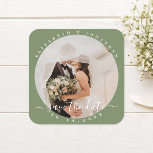 Elegant Sage Green Photo Wedding Save The Date Square Sticker