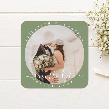 Elegant Sage Green Photo Wedding Save The Date Square Sticker by littleteapotdesigns at Zazzle