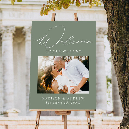 Elegant Sage Green Photo Wedding Welcome Sign
