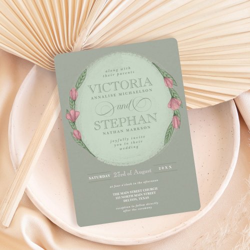 Elegant Sage Green Pink Floral Greenery Wedding Invitation