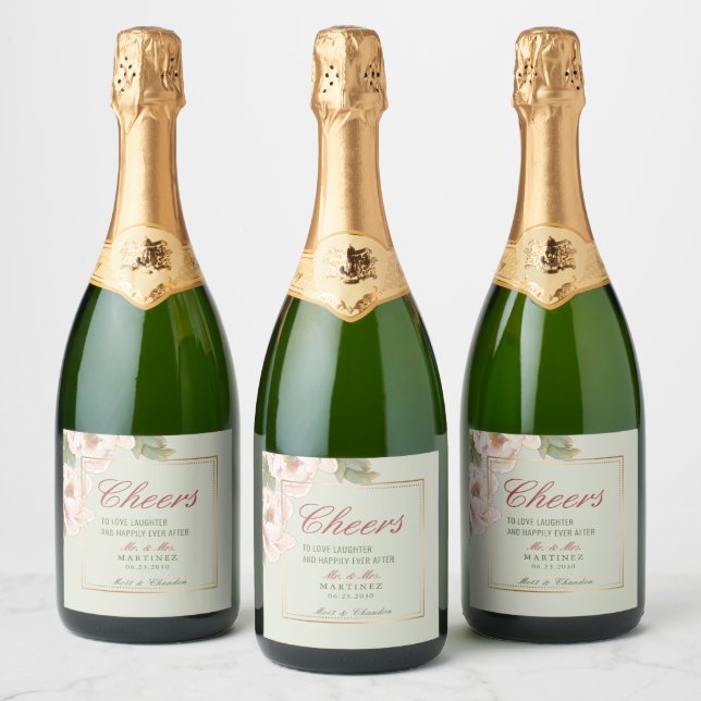 Elegant Sage Green & Pink Peony Floral Wedding Sparkling Wine Label (Bottles)