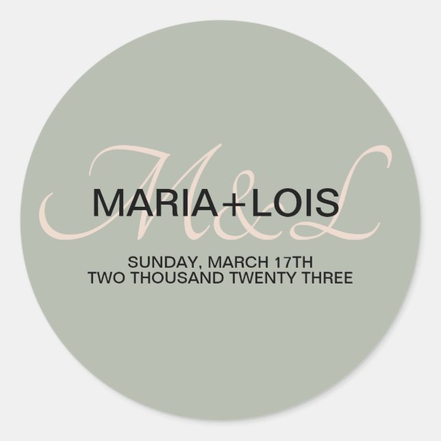 Elegant Sage Green Pink Wedding Monogrammed Classic Round Sticker (Front)