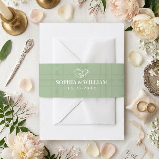 Elegant Sage Green Plaid Wedding Invitation Belly  Band