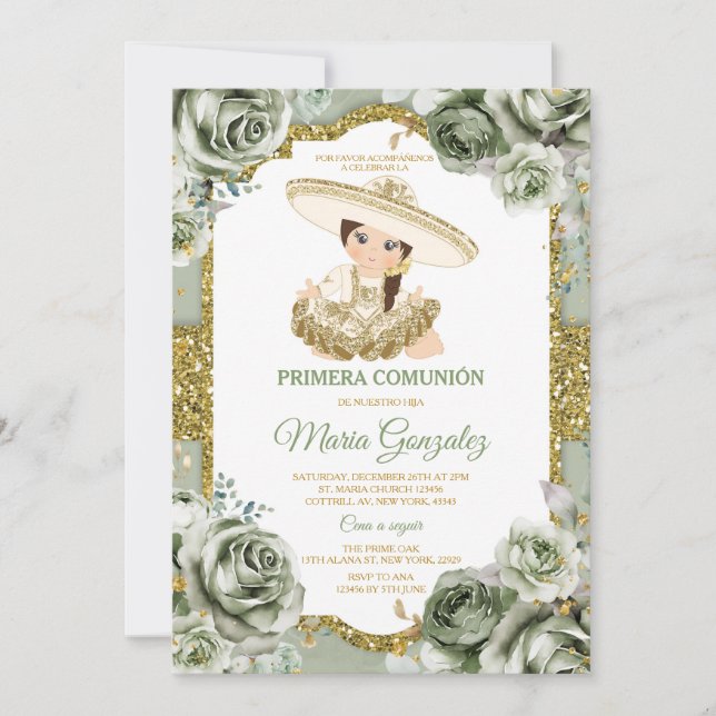 Elegant Sage Green Primera comunión CUTE Girl Gold Invitation (Front)