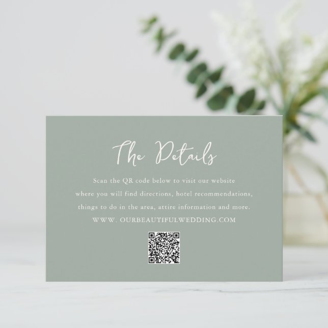 Elegant Sage Green QR Code Modern Wedding Enclosure Card (Standing Front)