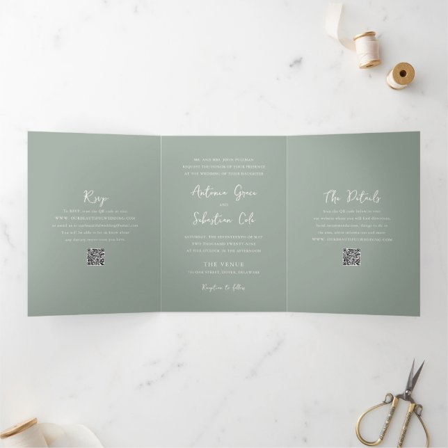 Elegant Sage Green QR Code Modern Wedding Tri-Fold Invitation (Inside)