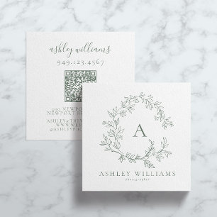 Elegant Sage Green QR Code Monogram Floral Crest Square Business Card
