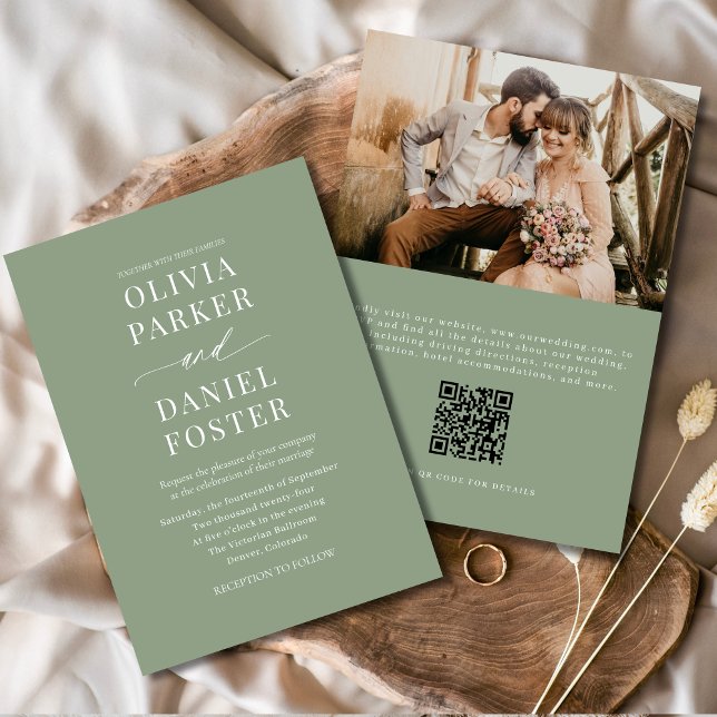 Elegant Sage Green QR Code Photo Wedding Invitation (Creator Uploaded)