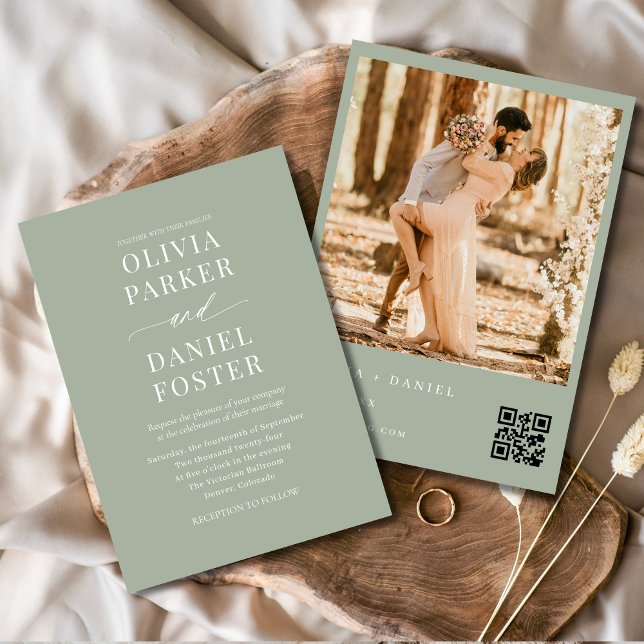 Elegant Sage Green QR Code Photo Wedding Invitation (Creator Uploaded)