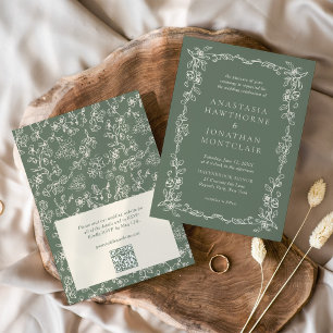 Elegant Sage Green QR Code RSVP Victorian Wedding Invitation