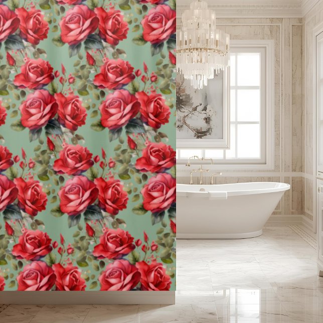Elegant Sage Green Red Roses Shower Curtain (Creator Uploaded)