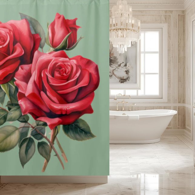 Elegant Sage Green Red Roses Shower Curtain (Creator Uploaded)
