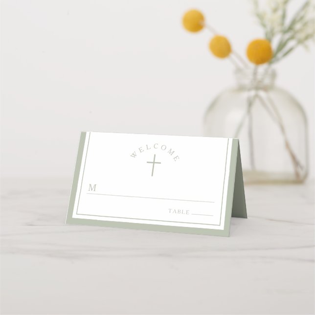 Elegant Sage Green Religious Boy Baptism Place Card (Front)
