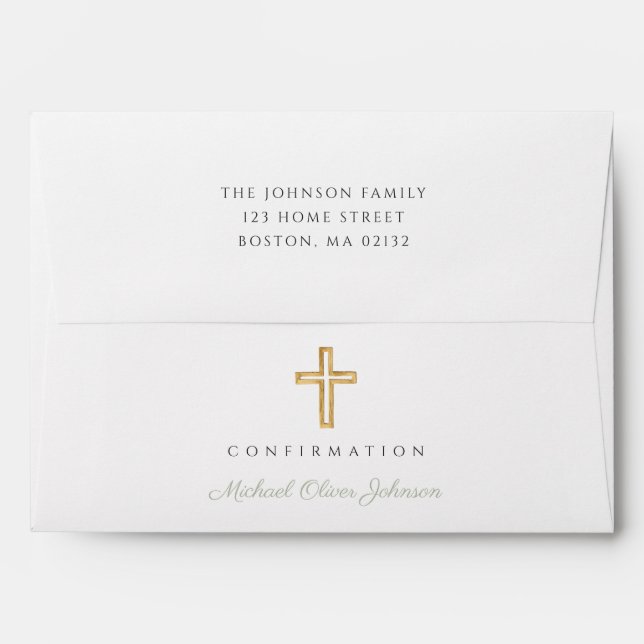 Elegant Sage Green Religious Boy Confirmation Envelope (Back (Top Flap))