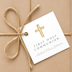 Elegant Sage Green Religious Boy First Communion Favor Tags