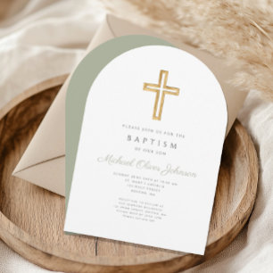 Elegant Sage Green Religious Cross Baptism Arch Invitation
