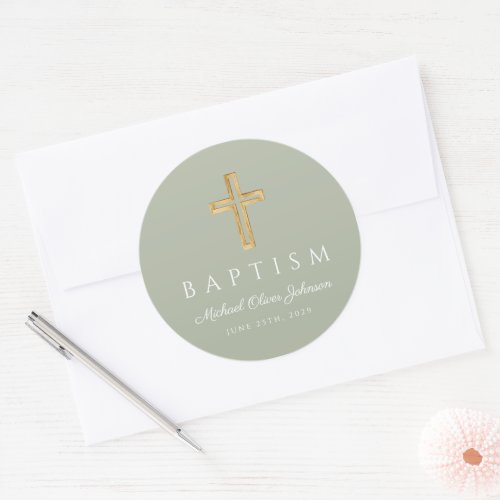 Elegant Sage Green Religious Cross Baptism Classic Round Sticker