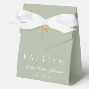 Elegant Sage Green Religious Cross Baptism Favor Boxes