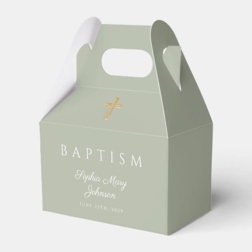 Elegant Sage Green Religious Cross Baptism Favor Boxes