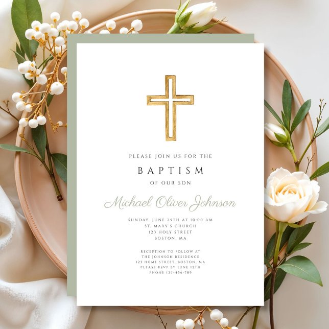 Elegant Sage Green Religious Cross Baptism Invitation (Sage Green Religious Wood Cross Baptism Invitation)
