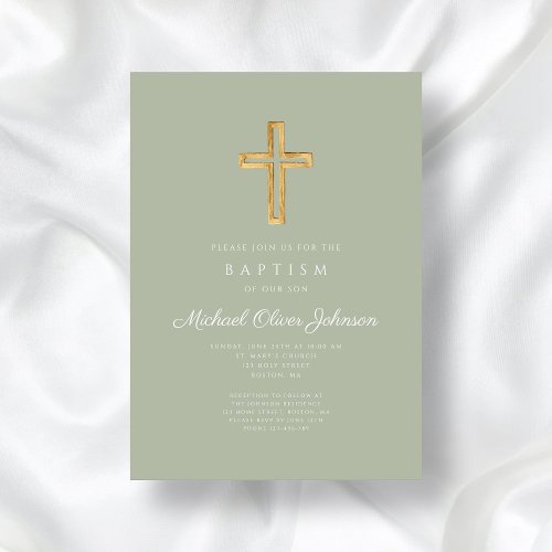 Elegant Sage Green Religious Cross Baptism Invitation