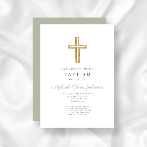 Elegant Sage Green Religious Cross Baptism Invitation