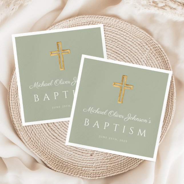 Elegant Sage Green Religious Cross Baptism Napkins (Elegant Sage Green Religious Cross Baptism Napkins)