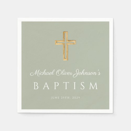 Elegant Sage Green Religious Cross Baptism Napkins