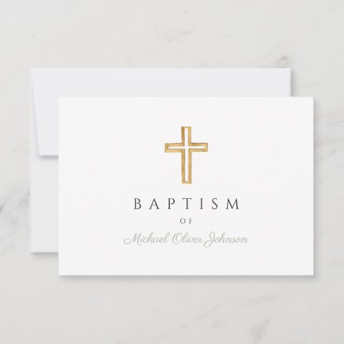 Elegant Sage Green Religious Cross Boy Baptism  RSVP Card