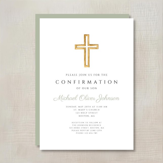 Elegant Sage Green Religious Cross Confirmation Invitation (Elegant Sage Green Religious Cross Confirmation Invitation)