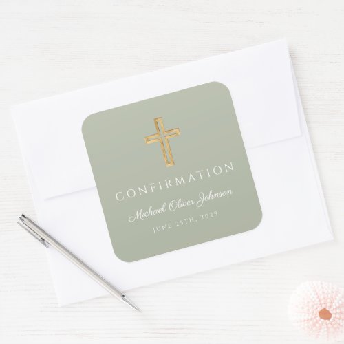 Elegant Sage Green Religious Cross Confirmation Square Sticker