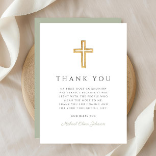 Elegant Sage Green Religious Cross First Communion Thank You Card