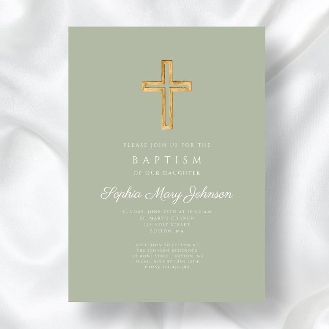 Elegant Sage Green Religious Cross Girl Baptism Invitation (Elegant Sage Green Religious Cross Girl Baptism Invitation)