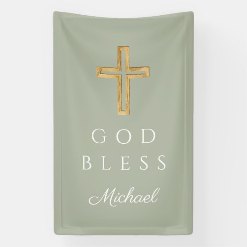 Elegant Sage Green Religious Cross God Bless Banner
